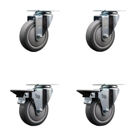 Service Caster 4'' Thermo Rubber Wheel Swivel Top Plate Caster Set with 2 Posi Brakes, 4PK SCC-20S414-TPRB-2-PLB-2